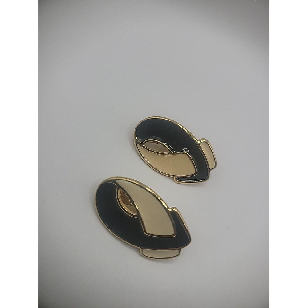 Vintage Monet Earrings‎ Clip On Gold Tone Beige Black Jewelry Costume